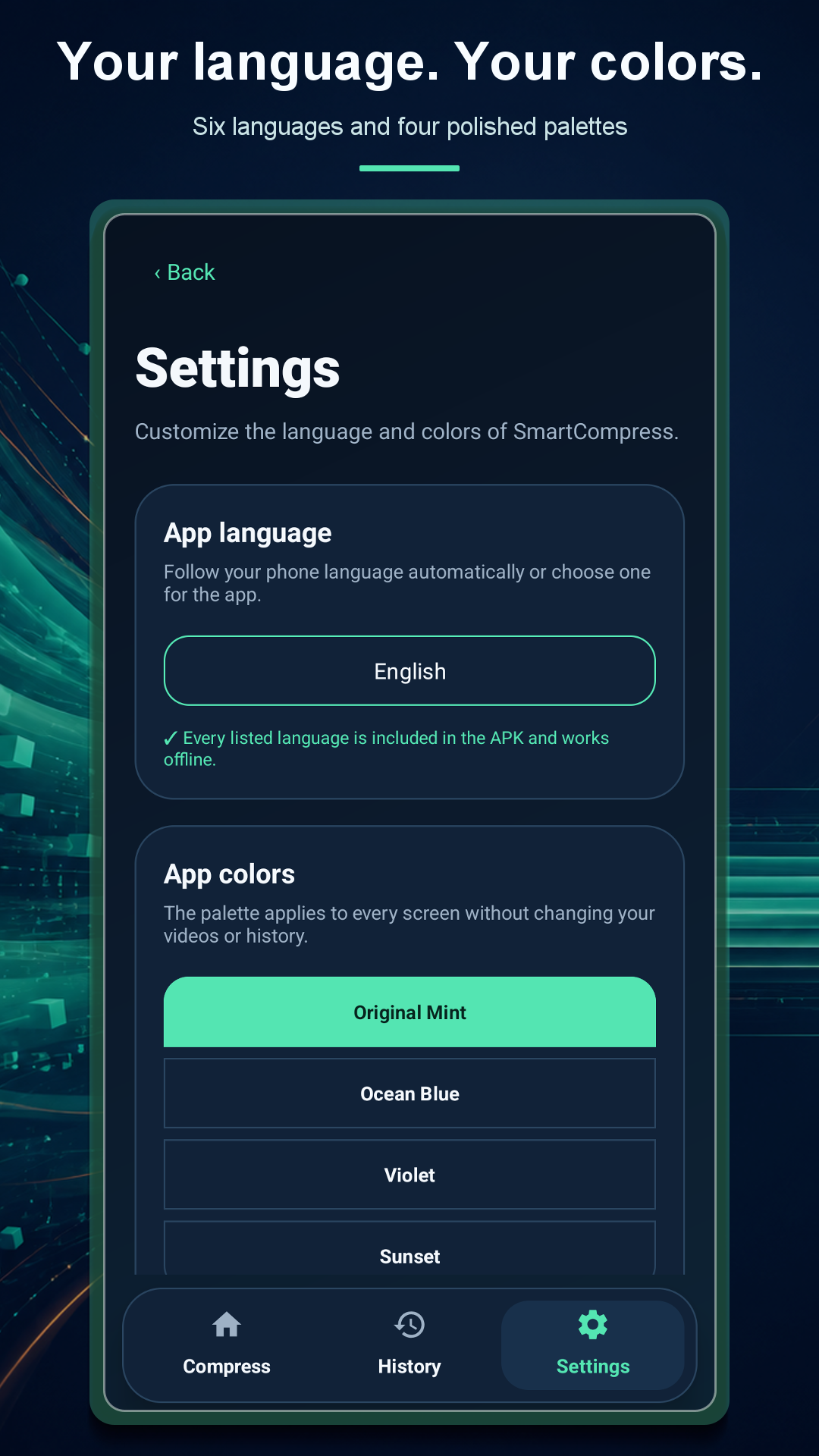 SmartCompress language and color settings
